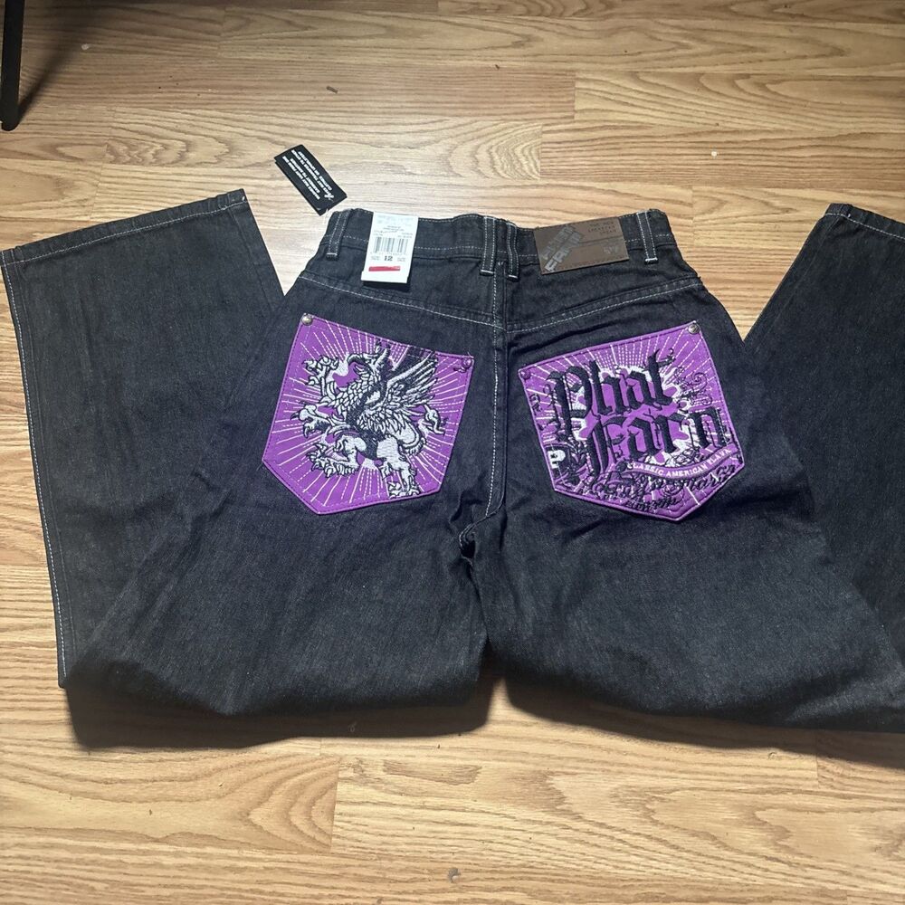 Phat Farm Jeans NWT Size 12 Black Purple Griffin Embroidered FH78578